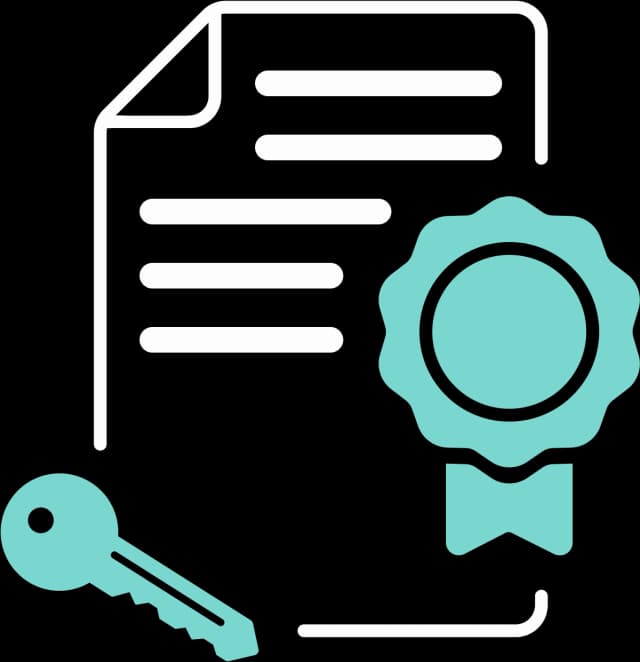 Illustration eines Dokumentes mit Platzhalter Text, einem Abzeichen sowie einem Schlüssel