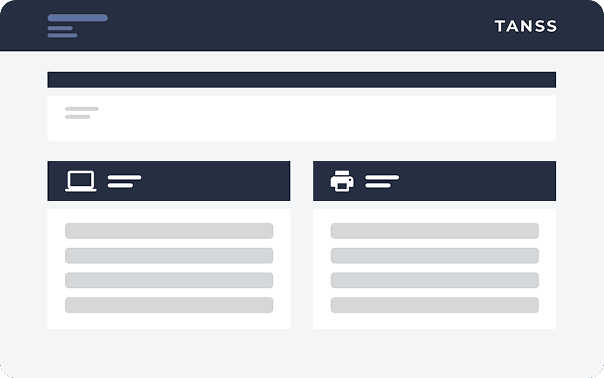 Eine minimalistische Benutzeroberfläche, die Gerätedaten für „Laptop“ und „Drucker“ mit Platzhaltern für Inhalte darunter anzeigt.