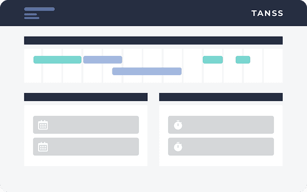 Eine Benutzeroberfläche, die eine Zeitleiste mit geplanten Aufgaben und Kalendersymbolen mit der Bezeichnung „TANSS“ anzeigt.