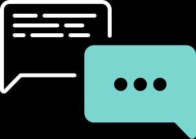 Illustration von zwei Chat Blasen, wobei die erste mit Platzhalter Text gefüllt ist und die zweite mit 3 Punkten