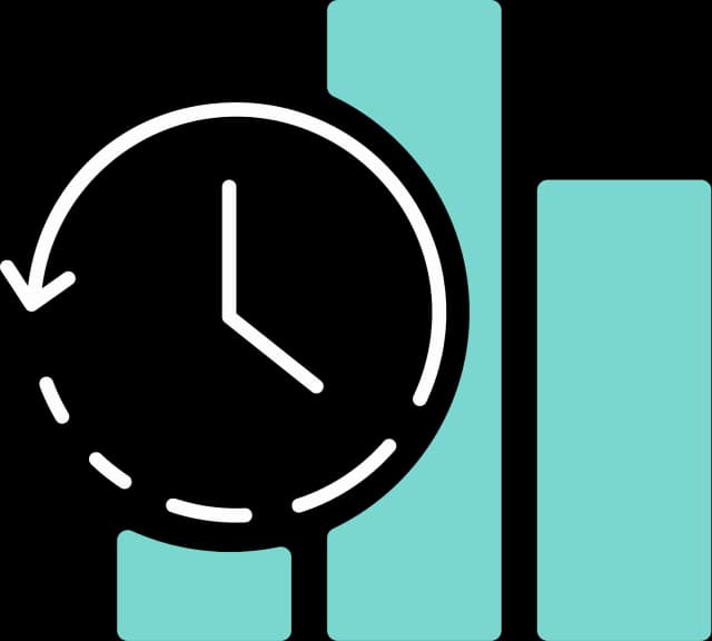 Illustration einer Uhr mit einem Pfeil als Umrandung und einem Balkendiagramm im Hintergrund