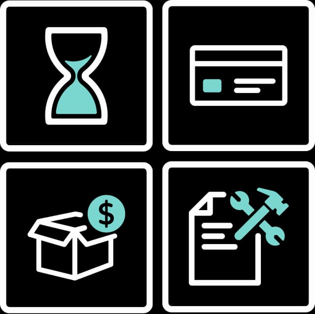 Illustration von 4 Rechtecken mit einer Sanduhr, einer Kreditkarte, einer Box mit einem Dollar Zeichen und einem Dokument mit Werkzeug