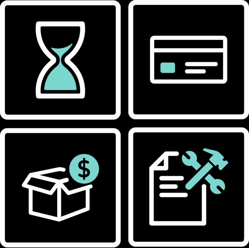 Illustration von 4 Rechtecken mit einer Sanduhr, einer Kreditkarte, einer Box mit einem Dollar Zeichen und einem Dokument mit Werkzeug
