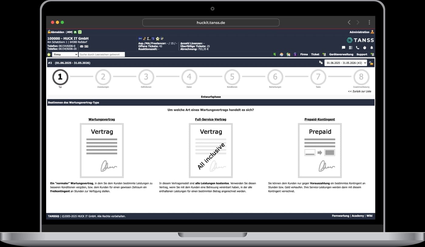 Screenshot des TANSS Systems zur Auswahl von verschiedenen Wartungsvertragstypen mit Fortschrittsanzeige.
