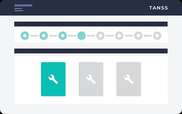 Eine minimalistische Benutzeroberfläche von TANSS mit einem Fortschrittsbalken und drei auswählbaren Symbolen für Werkzeuge, von denen eines in Blaugrün hervorgehoben ist.