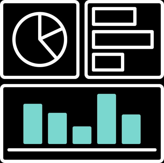 Illustration von 3 Vierecken, mit einem Kreisdiagramm, einem horizontalen Balkendiagramm und einem großen vertikalen Balkendiagramm