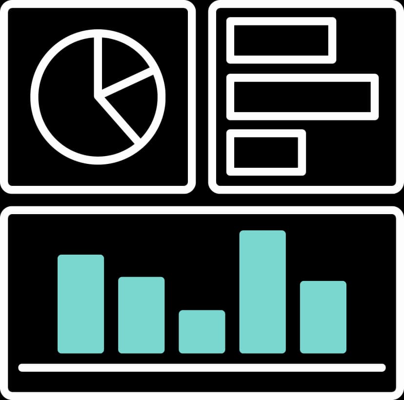 Illustration von 3 Vierecken, mit einem Kreisdiagramm, einem horizontalen Balkendiagramm und einem großen vertikalen Balkendiagramm