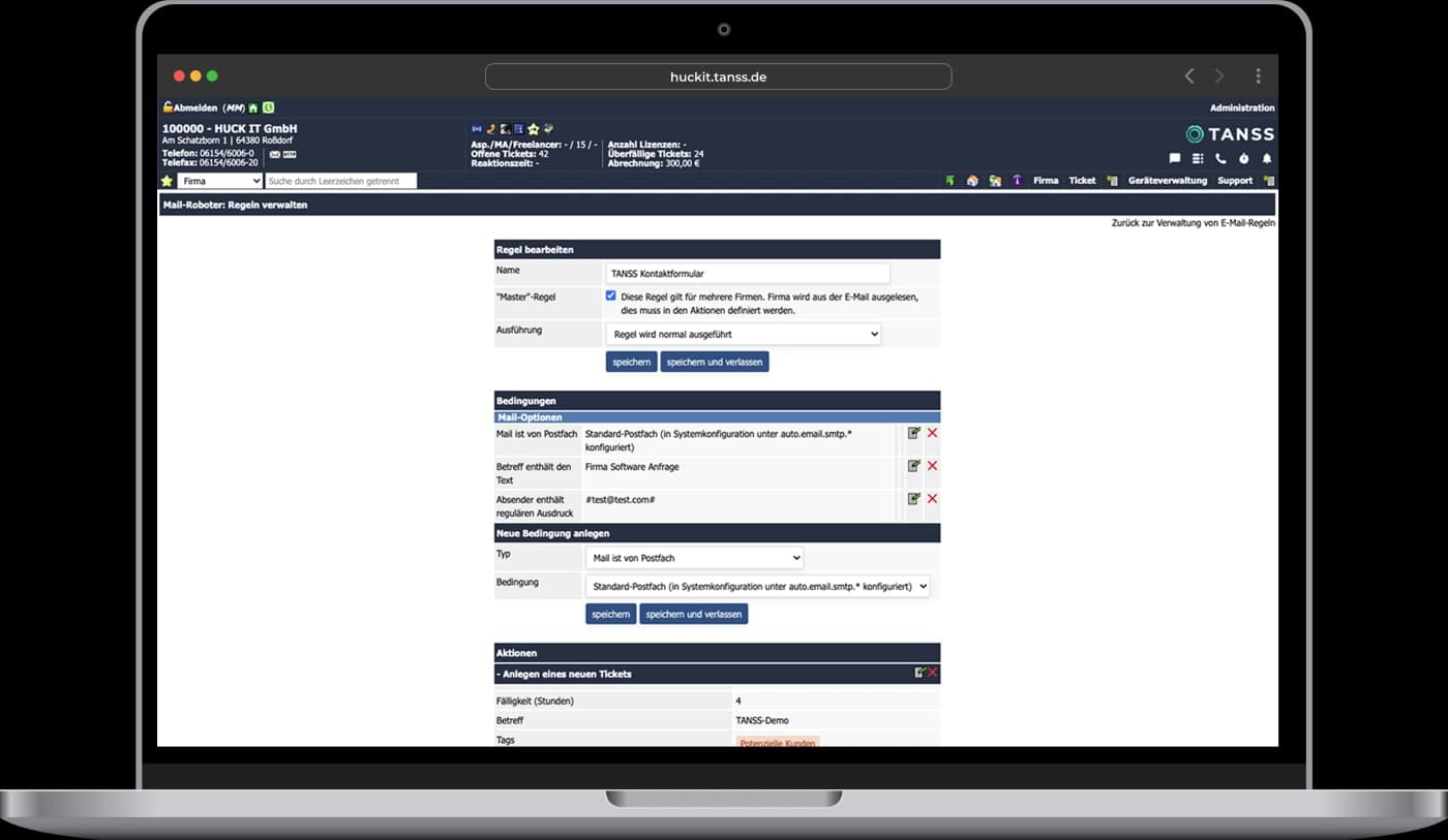 Screenshot aus dem TANSS System zum Anlegen von Regeln für den Mail-Robot