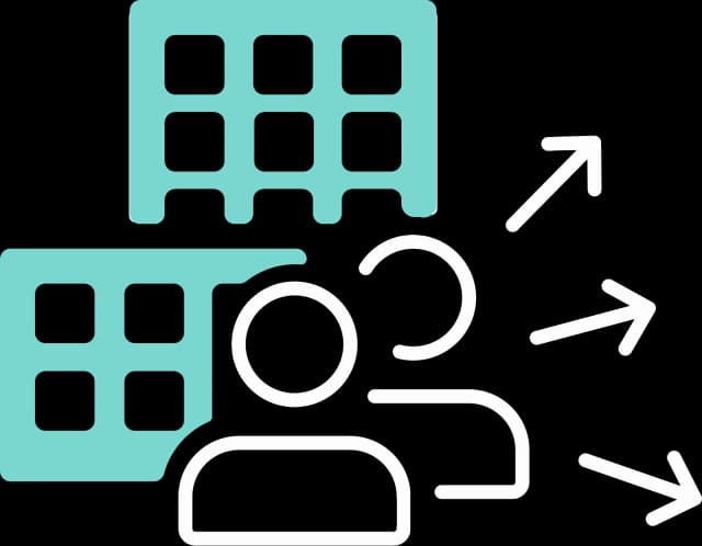 Flowchart-style diagram featuring interconnected text boxes on a dark background, illustrating a structured information hierarchy. eines gebäudes im Hintergrund mit 2 Personen und 3 Pfeilen, die von der Person wegführen