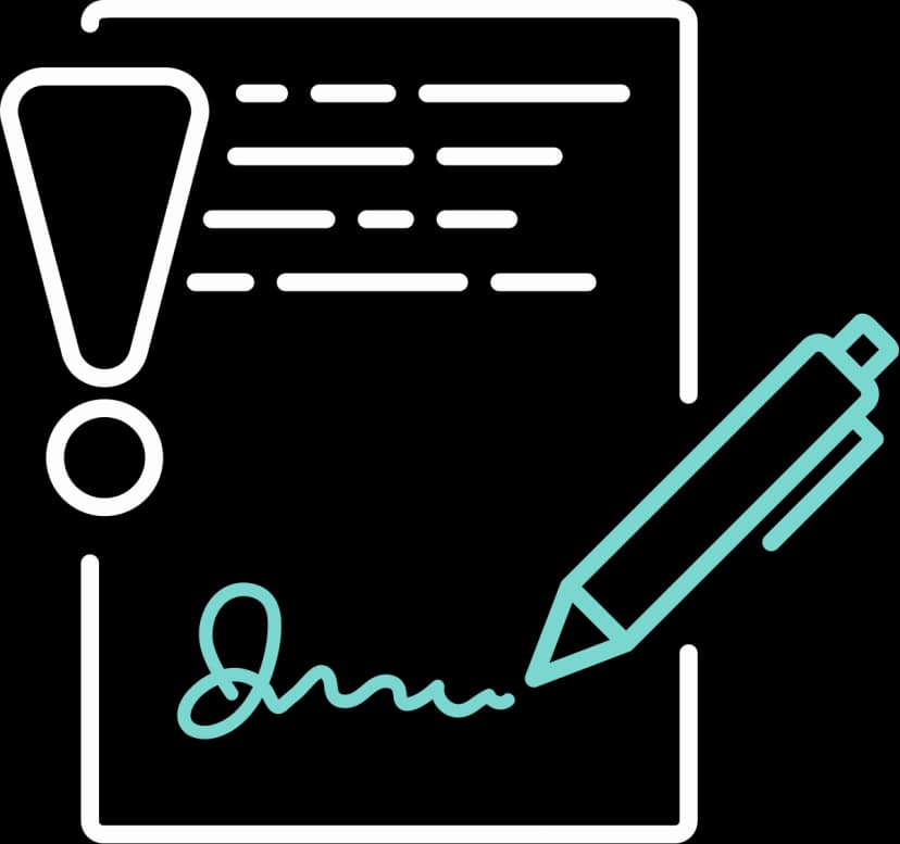 Illustration eines Vertrags mit einem Ausrufezeichen und einem Kugelschreiber, der eine Unterschrift setzt